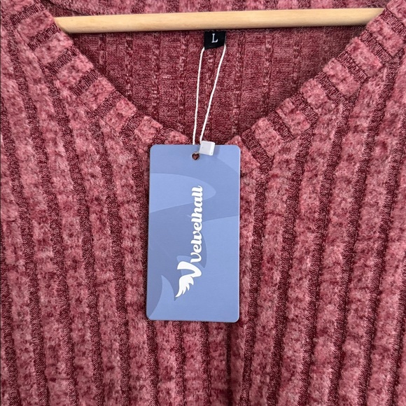 V-Neck Ribbed Sweater pink red large lightweight soft tunic slit sides NEW - Picture 4 of 5
